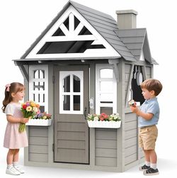2119a  Kids Outdoor Playhouse,Cedar Gray Wooden Play House for Kids Ages 3-8, with Play Kitchen, Interactive Doorbell, Toy Phone, Sink, Flowerpot