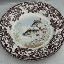 Spode Woodland 1990’s Earthenware English Discontinued Collectible Dinner Plate Featuring Perch Fish With Classic Floral Border (microwave Oven Safe) 