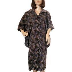 80s Vintage PARO Slate Brown Button Up Batwing Dropped Waist Cocoon Dress S M