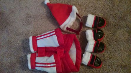 Small dog red & white coat, hat, mittens