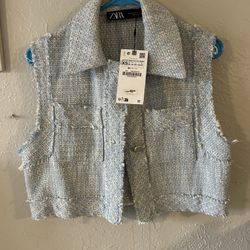 Zara frayed cropped textured vest, light blue, Xs