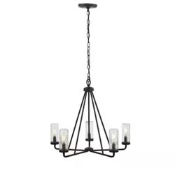 Hampton Bay Bainbridge 24 in. 5-Light Black Outdoor Urban Industrial Chandelier with Clear Seeded Glass Shades