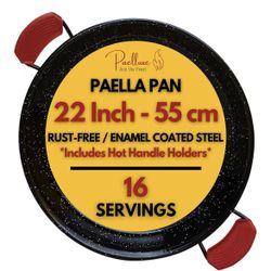 Paella Pan – Enamelled, No-Rust Steel Skillet – Easy-to-Clean Pan for Propane & Gas Burners – Indoor & Outdoor Cooking Cacerola Paellera Sarten – 22 I