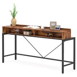 71 in. Rustic Brown Rectangle Wood Console Table with Storage, 2-Tier Long Narrow Bar Table Behind Couch Sofa