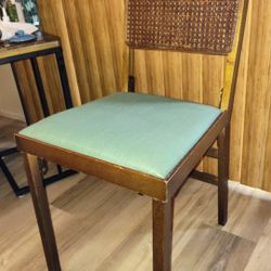 Vintage Mid Century Legomatic Walnut Wicker Rattan Vinyl Folding Side Chairs- Set of 4/RARE.