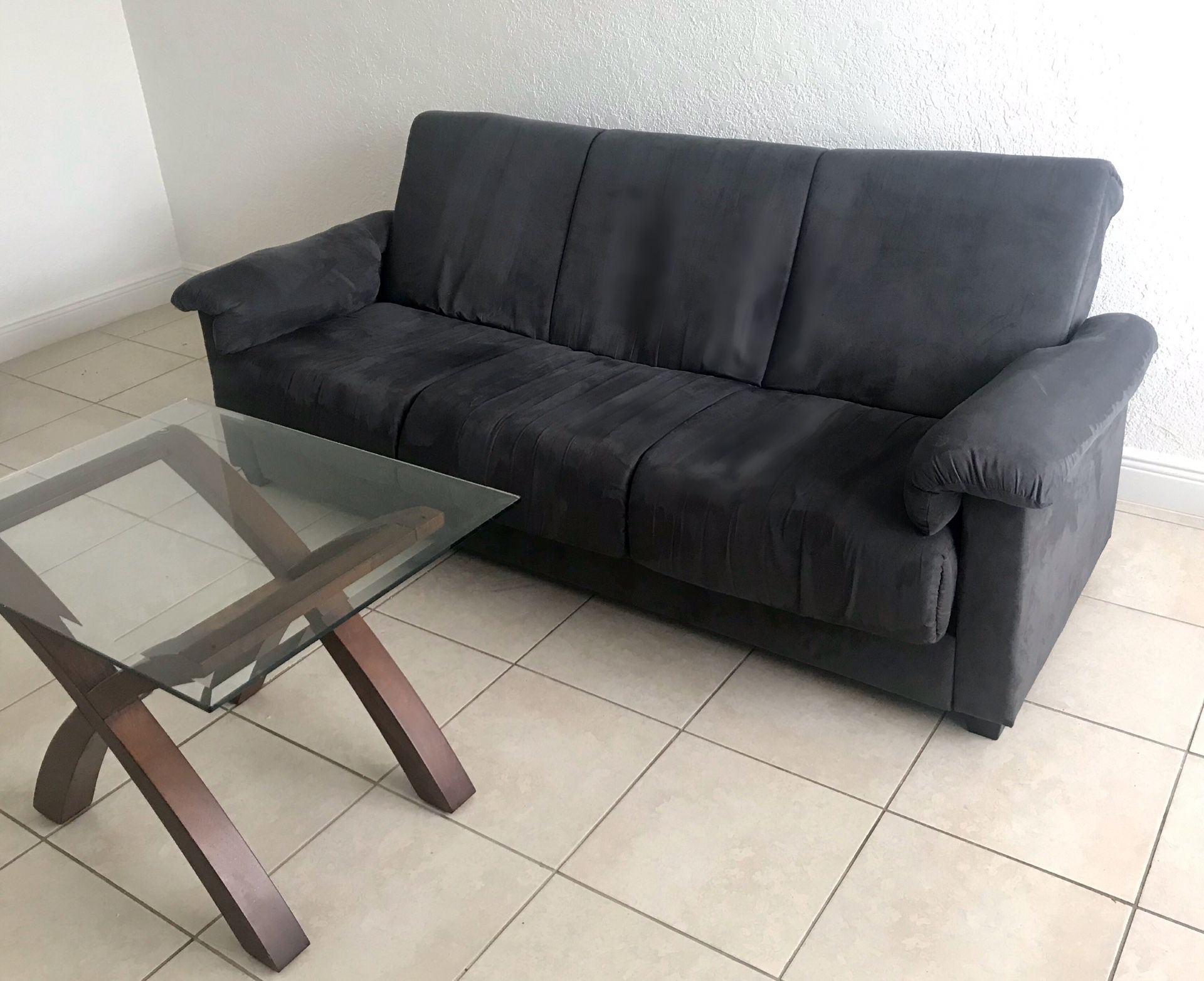 Moving out sale! Grey Suede Sofa Couch / Futon / day bed & Free Coffee table