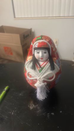 Vintage Japanese Wedding Hime Daruma Doll Gofun Face Red Kimono Roly Poly