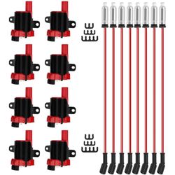 8P Round Ignition Coils Kit With 748UU 8mm Spark Plug Wires Compatible With Chevy Silverado Cadillac Suburba Tahoe GMC 4.8 5.3 6.0L Replace D585 UF262