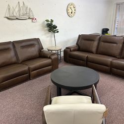 Furniture- Zero Gravity 100% Real Leather Sofa With 2 Power Recliners- Hansley