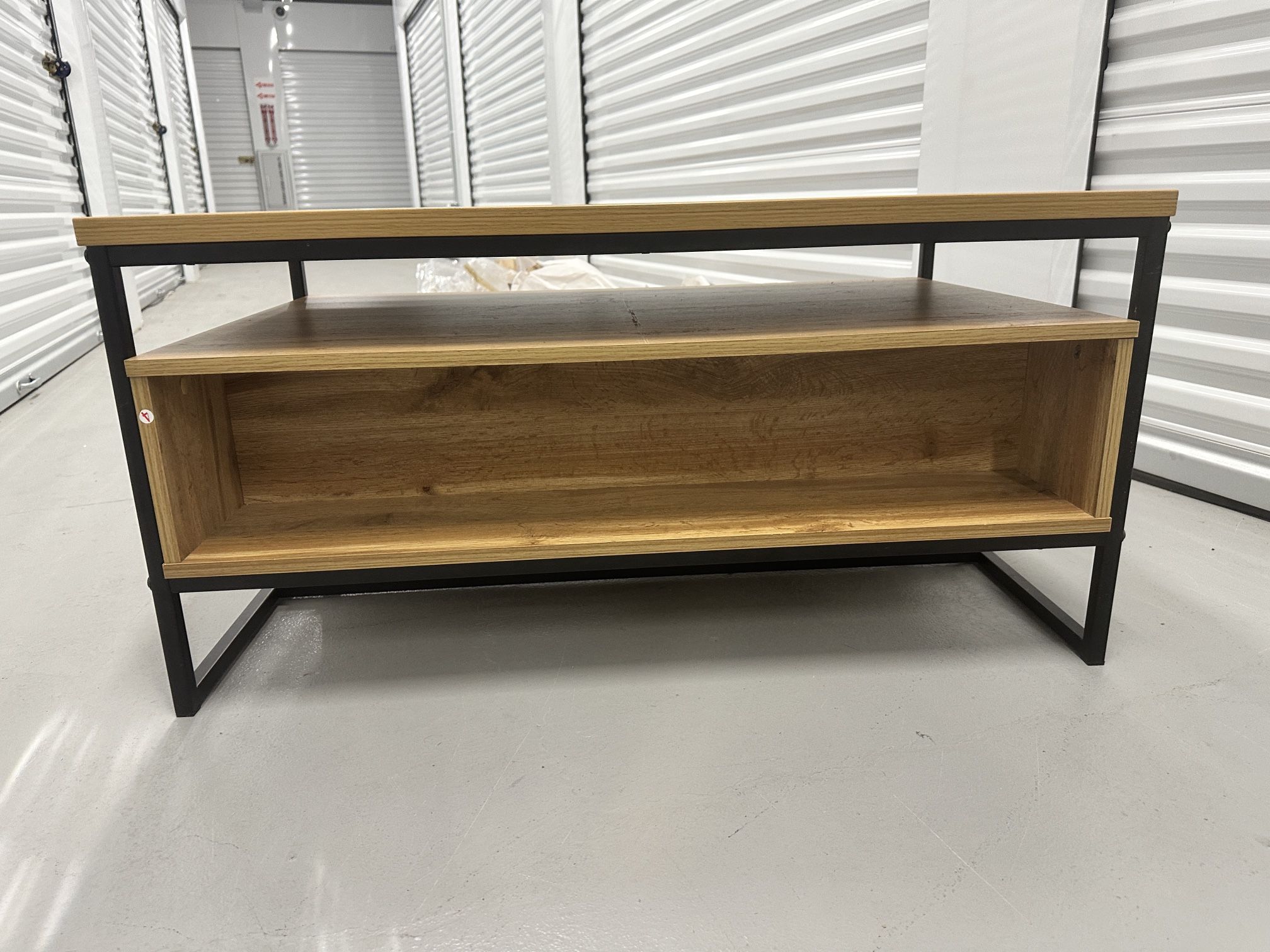 Modern Wood & Black Metal Coffee Table – Storage Drawers – 39.5” 