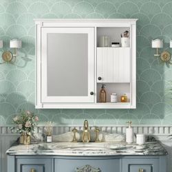 White 32" x 28" Wood Framed Mirrored Bathroom Medicine Cabinet w/  Open Shelves & Storage [NEW] ** Retails for $256