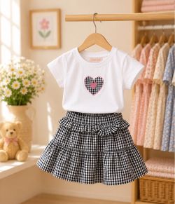 🩶Girls 2-Piece Heart Tee and Gingham Skirt Set