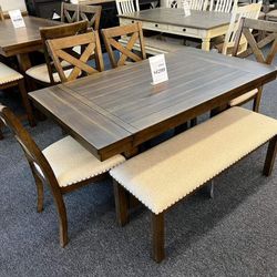 Moriville Grayish Brown Dining Table and 4 Chairs and Bench 