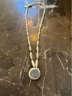 George Silver Tone Textured Chain Necklace with Round Disc Pendant