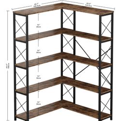 Selling 5-Shelf Corner Bookcase, Vintage Industrial Corner Bookshelf Brown Bookcase, 5 Tiers Corner Shelf