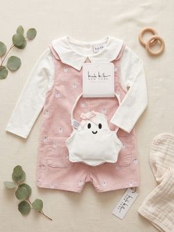 Baby Girl Pink Corduroy Overall Set with Ghost Bag & Shir