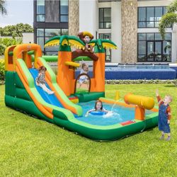 Kids Tropical Water Slide Bounce House with Pool + Blower – Inflatable Slide & Splash Park