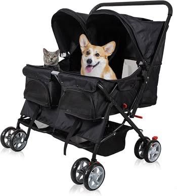New Pet Stroller Twin Folding Dog Cat Carrier Travel Cart, Black