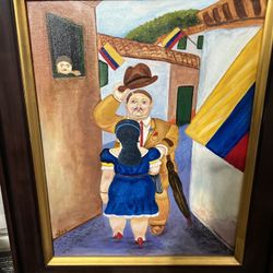 Botero Style - Bolerismo Oil Painting With Custom Frame 
