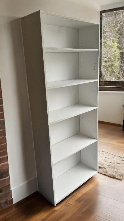 Like new Traditional white wood 5- layer shelf bookcase . 12 deep x 30W x 72H