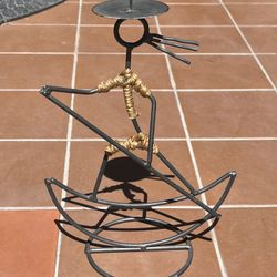 African Folk Art Black Wrought Iron Twine Candle Holder