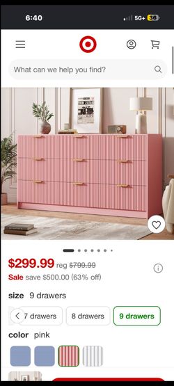 Garvee Fluted 9 Drawers Dresser for Bedroom, Wide Modern Chest of Drawers with Metal Handles, For Living Room, Entryway, Hallway, Pink