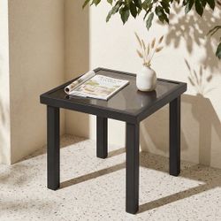 New Modern 17.7” Square Steel Black Outdoor Weather Resistant End Table w/ Tinted Tempered Glass Top