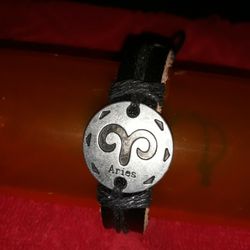Men's Leather Adjustable Bracelet With Aries Sign