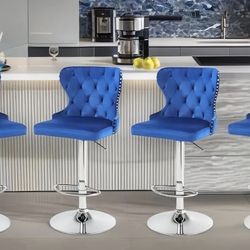 Set of 4 Adjustable Swivel Bar Stools, Velvet Upholstered Counter Height Chairs with Nailhead Trim, Silver Footrest, and High Back for Kitchen Island,