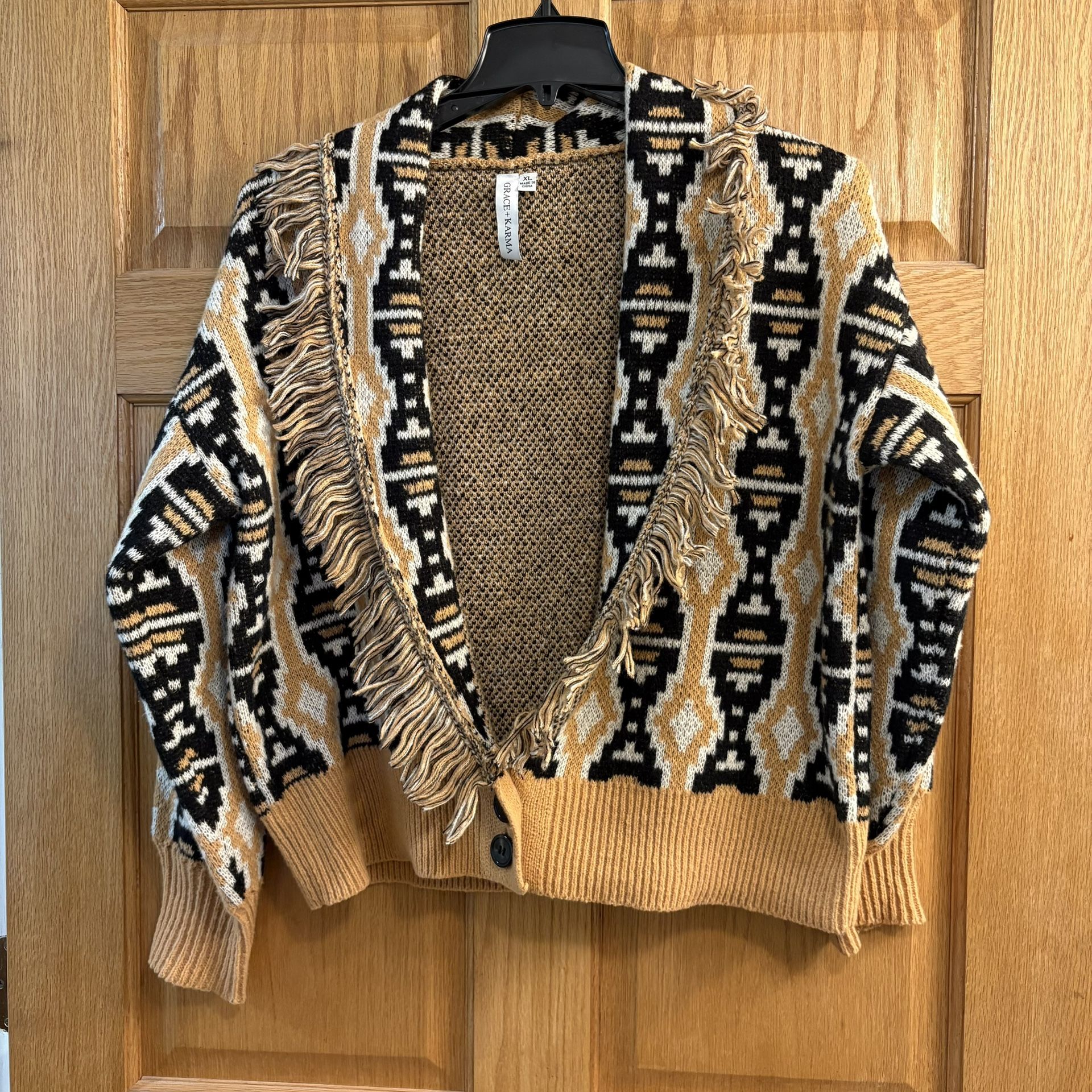 Grace + Karma Women’s Cardigan Sweater Western Fringe Gold Black XL Purdue Color