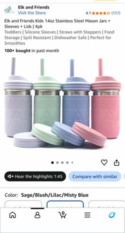 Elk and Friends Kids 14oz Stainless Steel Mason Jars + Sleeves + Lids | 4pk