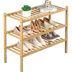 ROMGUAR CRAFT 3 Tier Bamboo Shoe Rack for Closet Free Standing Wood Shoe Shelf Storage Organizer for Entryway Small Space Stackable 27"x11"x20" (Natur
