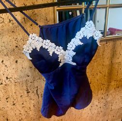 Royal Blue Satin Cami Top with Embroidered Lace Trim
