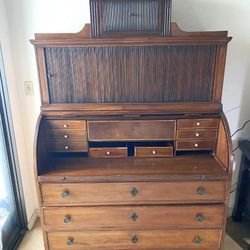 Antique English Regency Mahogany 2-Pc Rolltop Cylinder Desk W/ Bookcase Hutch