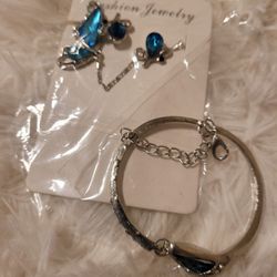 Blue butterfly necklace earrings and bracelet set