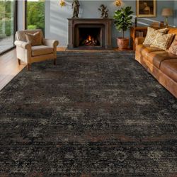 TALANOVA Black 7x9 Washable Area Rug for Living Room, Non-Slip Low Pile Charcoal Volcanic Textured Rug for Bedroom, Dining Room & Home Office, Dark St