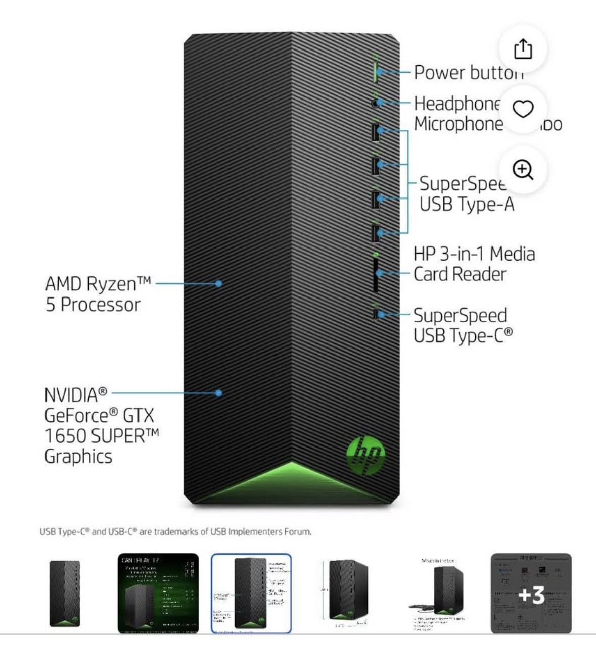 HP Pavilion Gaming R5 1650 Super, 8GB/256GB Gaming Desktop Tower