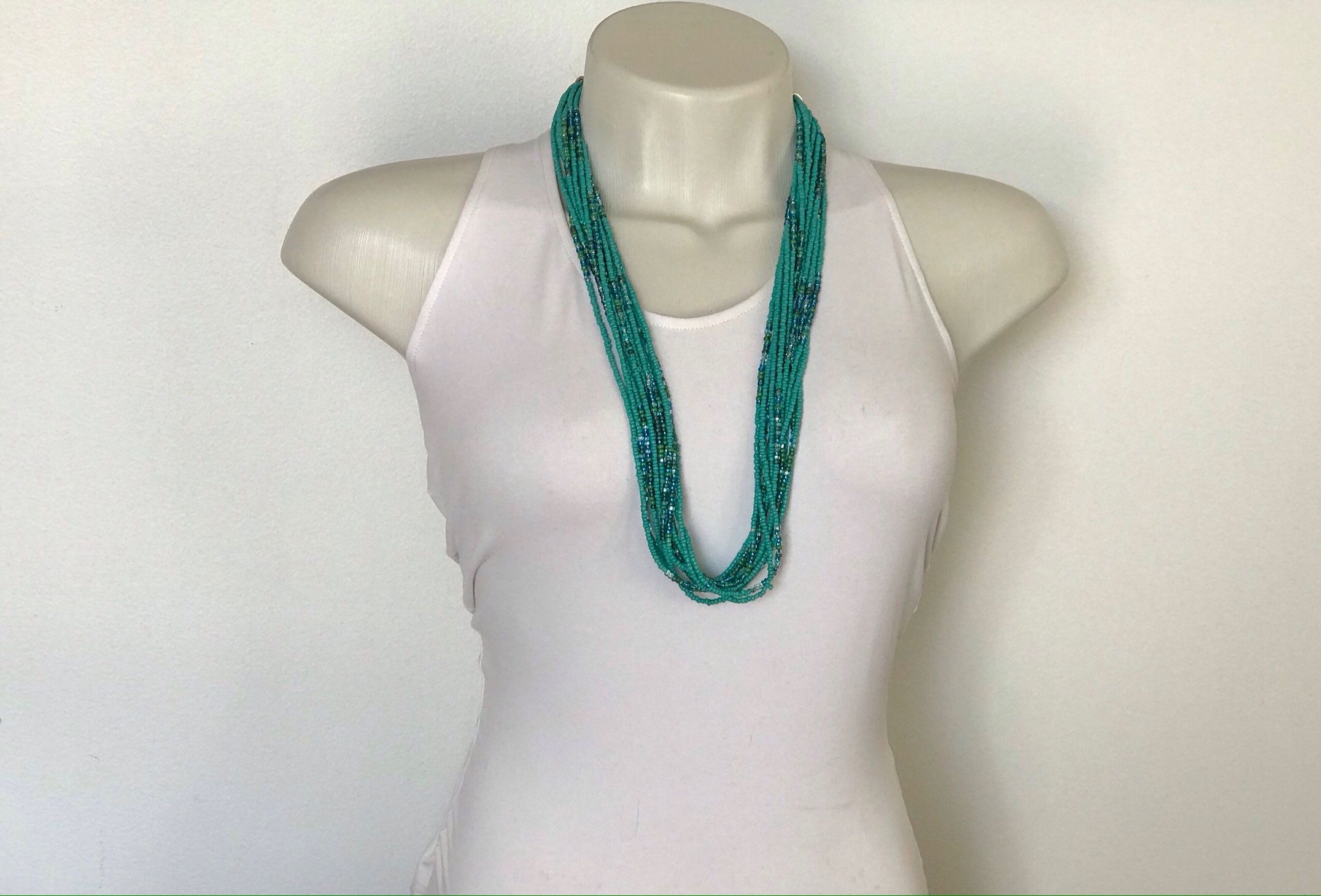 Beaded Necklace, Bohemian, Statement, Long Turquoise Seed Beads, Multi Strand Necklace, Handmade Transparent Bluish Colored Necklace, Chic