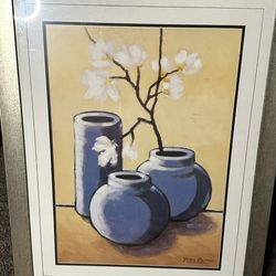Yvez Blanc Large Framed Art Painting Still Life Flowers and Vase