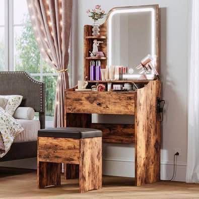 New Small Makeup Vanity Desk with Mirror and Lights, Vanity Table Set with Storage Drawer & Chair