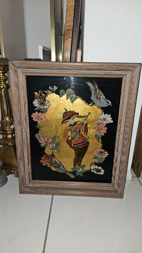 20"x 23"Old Vintage Reverse Glass Hand Painting Woman With Fine wooden frame