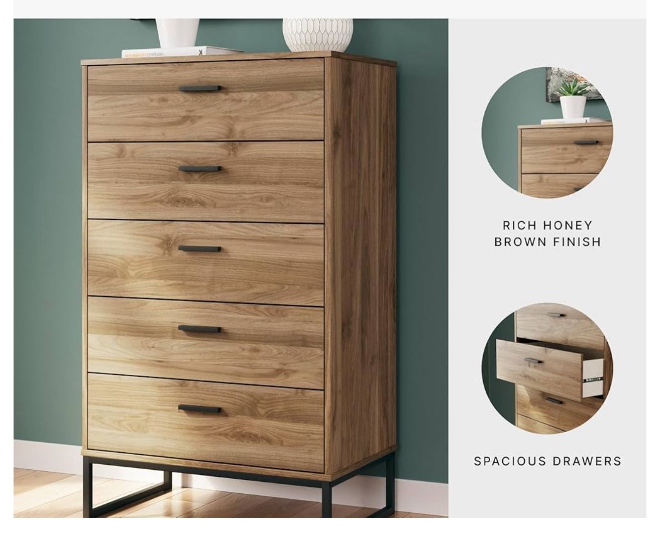 Signature Design by Ashley Deanlow Mid-Century Modern 5 Drawer Wide Chest with Safety Stop for Bedroom, Light Brown & Black