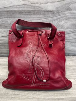 Vintage Ysl Red Studded Logo Leather Tote Shoulder Bag - Authentic (164777-2)