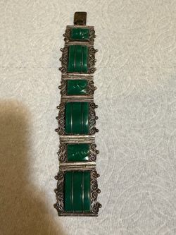 Vintage 925 Sterling Silver Green Onyx Panel Bracelet Handmade Mexico