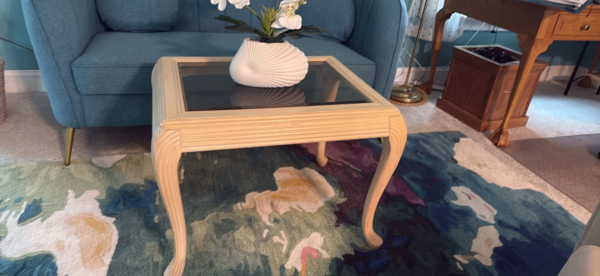 Wood Table With Beveled Glass Top In Perfect Condition