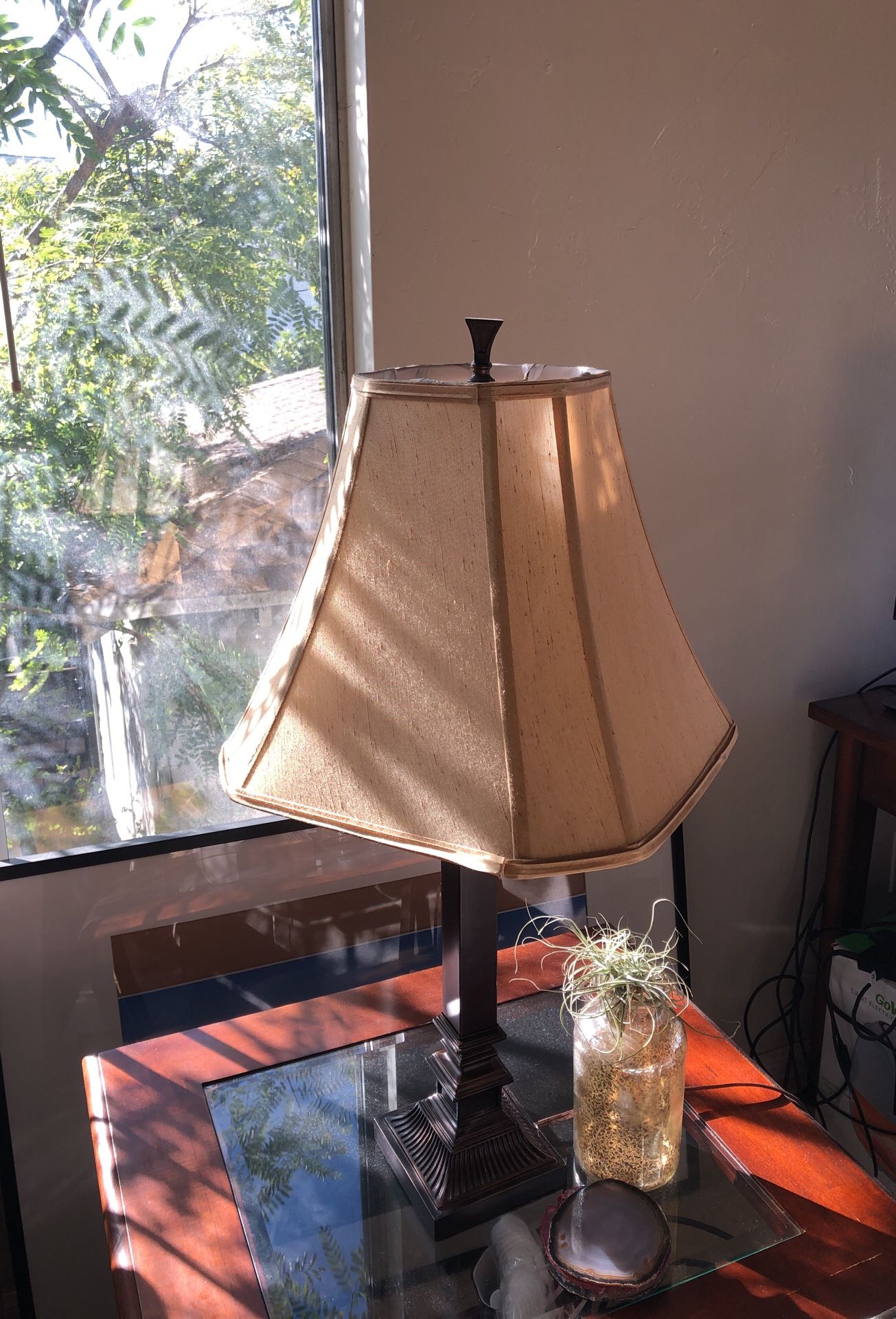 Dark Brown Brass Lamp with Champagne Shade