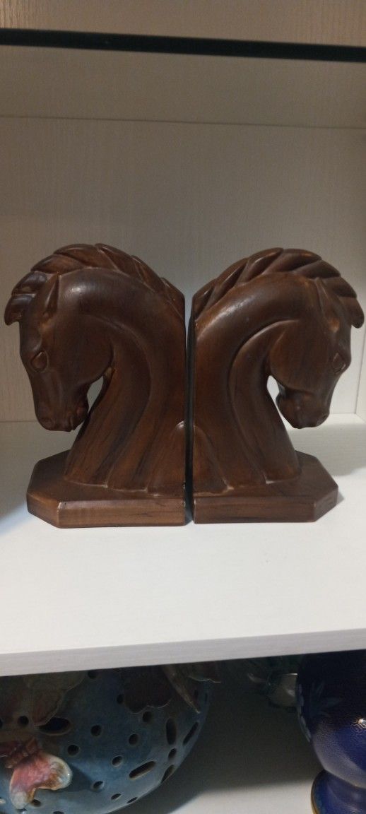 Vintage 1960s Retro Mid-century MCM Ceramic Horse Horsehead Bookends Signed 1968