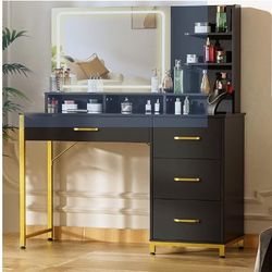 COMHOMA Vanity Desk with Lighted Mirror and Power Outlet, RGB LED Lights Makeup Vanity Set for Girls, Large Storage Capacity Dressing Table for Bedroo