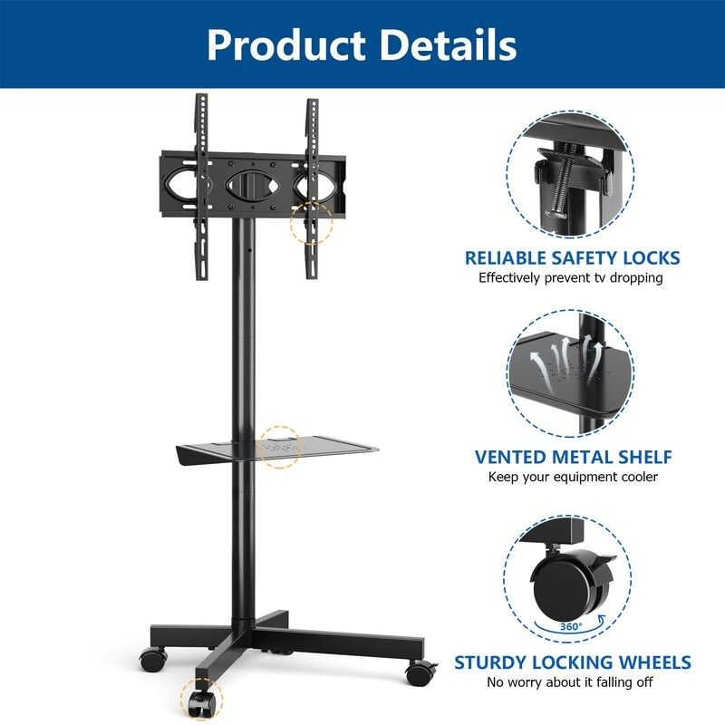 Black Floor Stand Mount for Greater Than 50" Screens with Shelving, Holds up to 88 lbs
