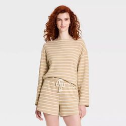 Women's Long Sleeve Boat Neck T-Shirt - Universal Thread Tan Striped